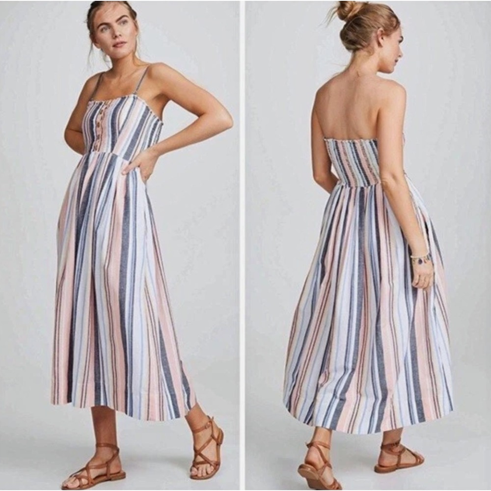 Free People Lilah Pleated Midi Dress Womens Large Striped Smocked Boho NWT
